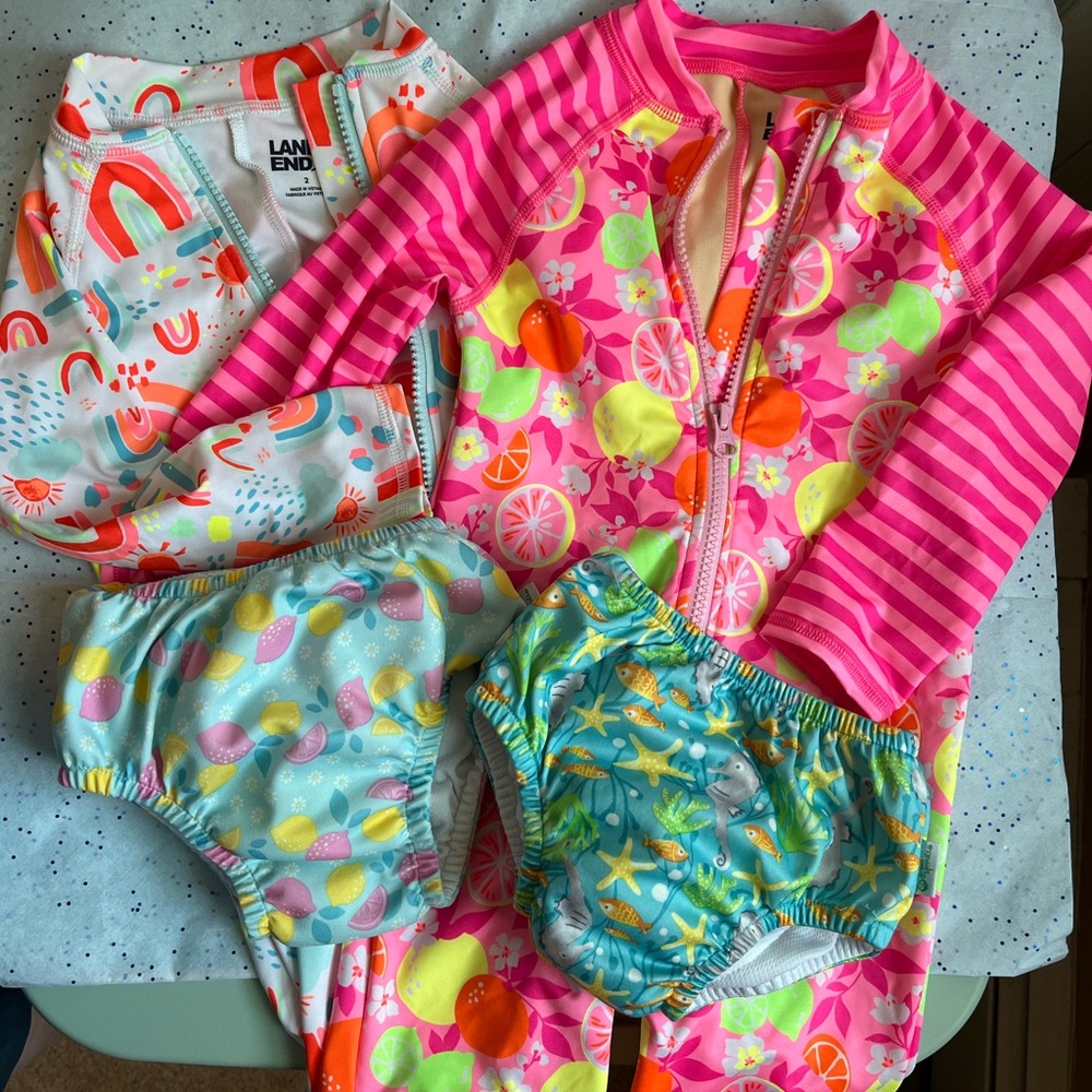 Lands' End Kids Swim Set - Pink and rainbow, size 2